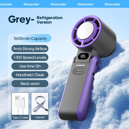 Foldable Ice-Cool Fan - 3600mAh for 6H, 100 Speeds + Lanyard.