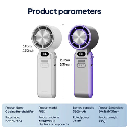 Foldable Ice-Cool Fan - 3600mAh for 6H, 100 Speeds + Lanyard.