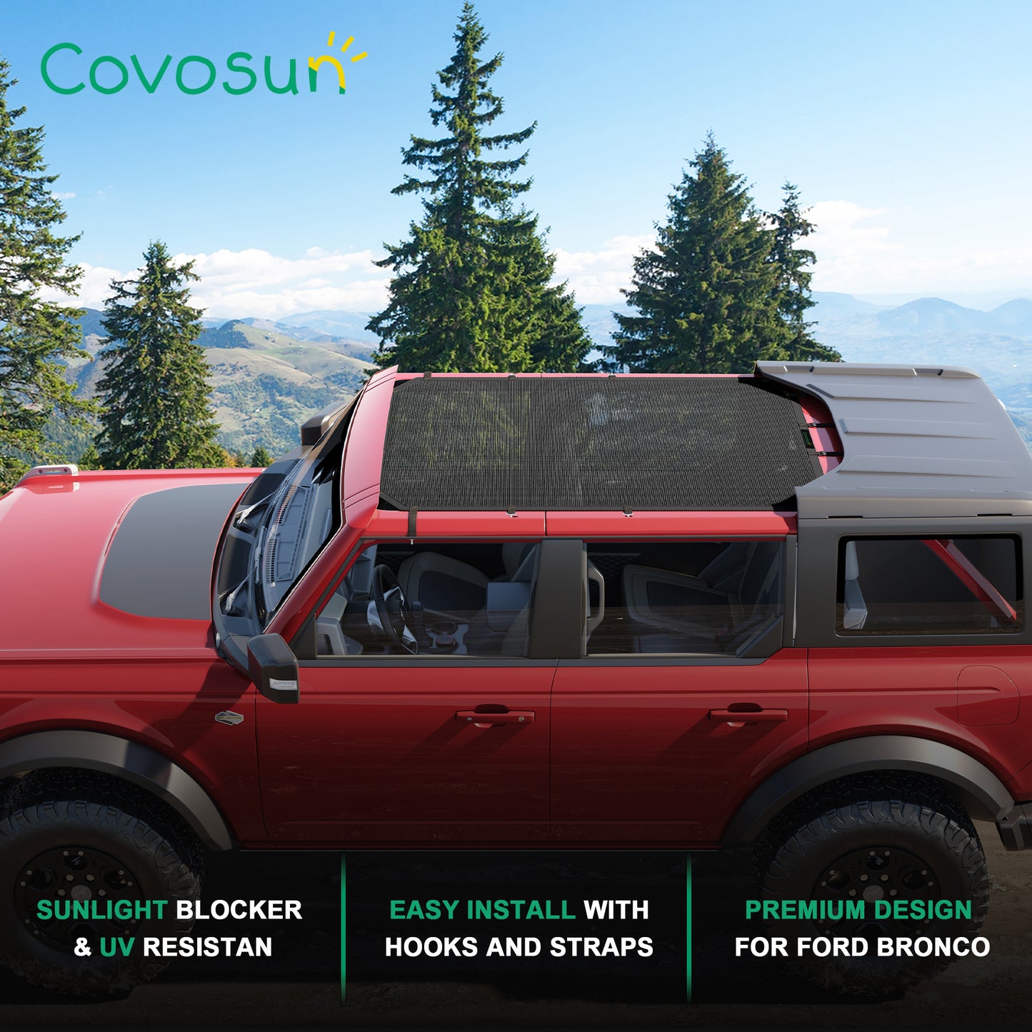 Covosun Bimini Top Sunshade for Ford Bronco, Mesh Bikini Top Sun Shade for Bronco 4 Door Accessories(2021-2024), Heavy Duty Straps and Hooks, Blocks UV/Wind/Dust