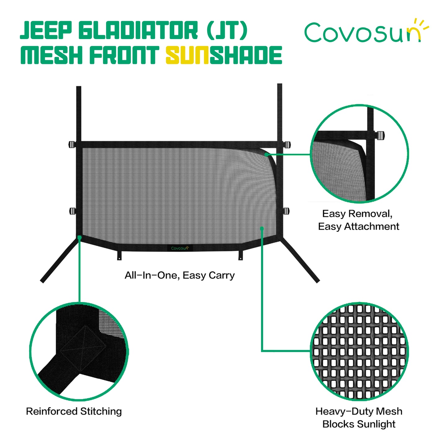 Covosun Jeep Gladiator Sun Shade, Convenient & Customizable Mesh Soft Top for Jeep Gladiator(2018-Current), Jeep Gladiator(JT) Accessories for Summer Trips