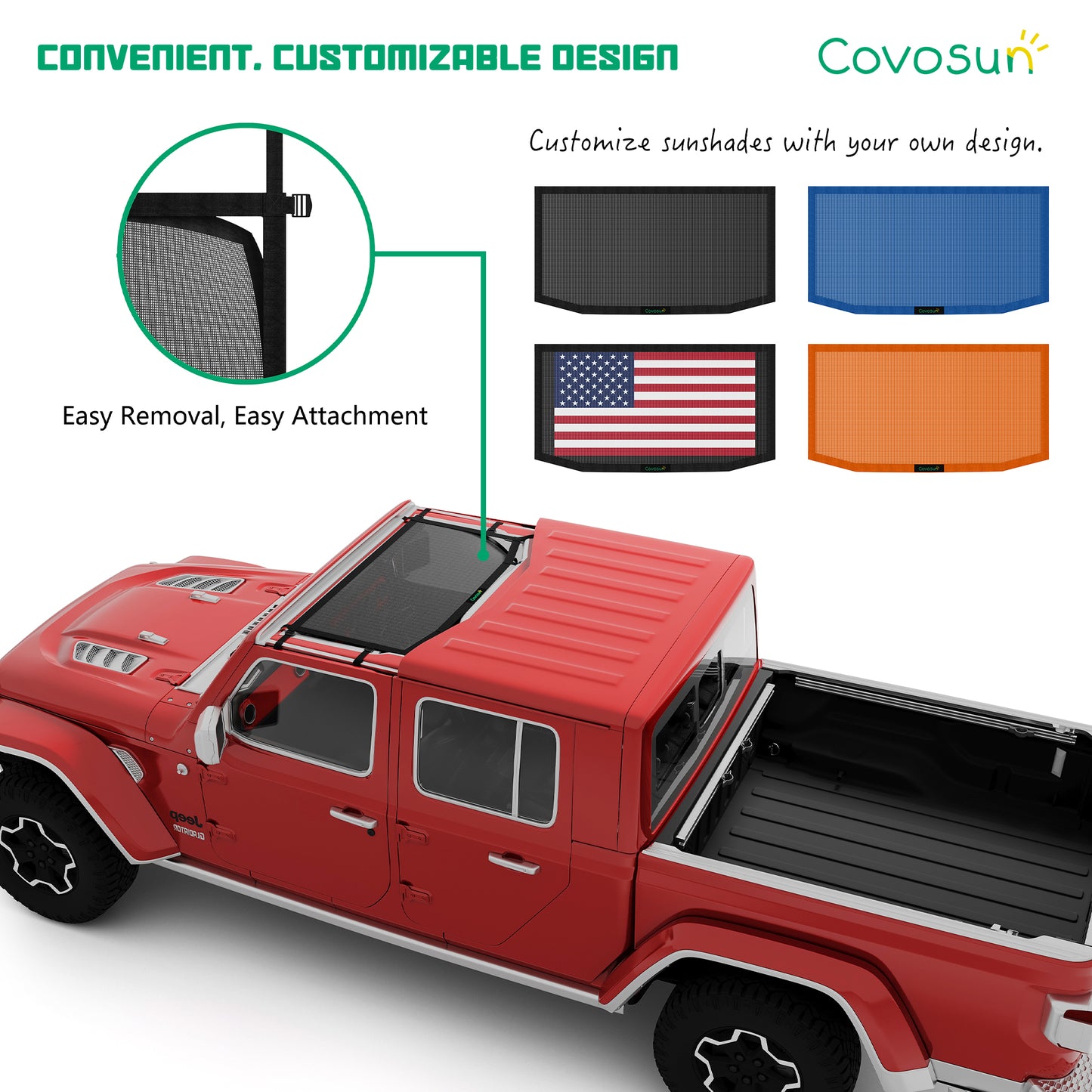 Covosun Jeep Gladiator Sun Shade, Convenient & Customizable Mesh Soft Top for Jeep Gladiator(2018-Current), Jeep Gladiator(JT) Accessories for Summer Trips