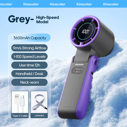Foldable Ice-Cool Fan - 3600mAh for 6H, 100 Speeds + Lanyard.