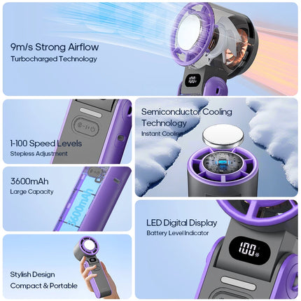Foldable Ice-Cool Fan - 3600mAh for 6H, 100 Speeds + Lanyard.