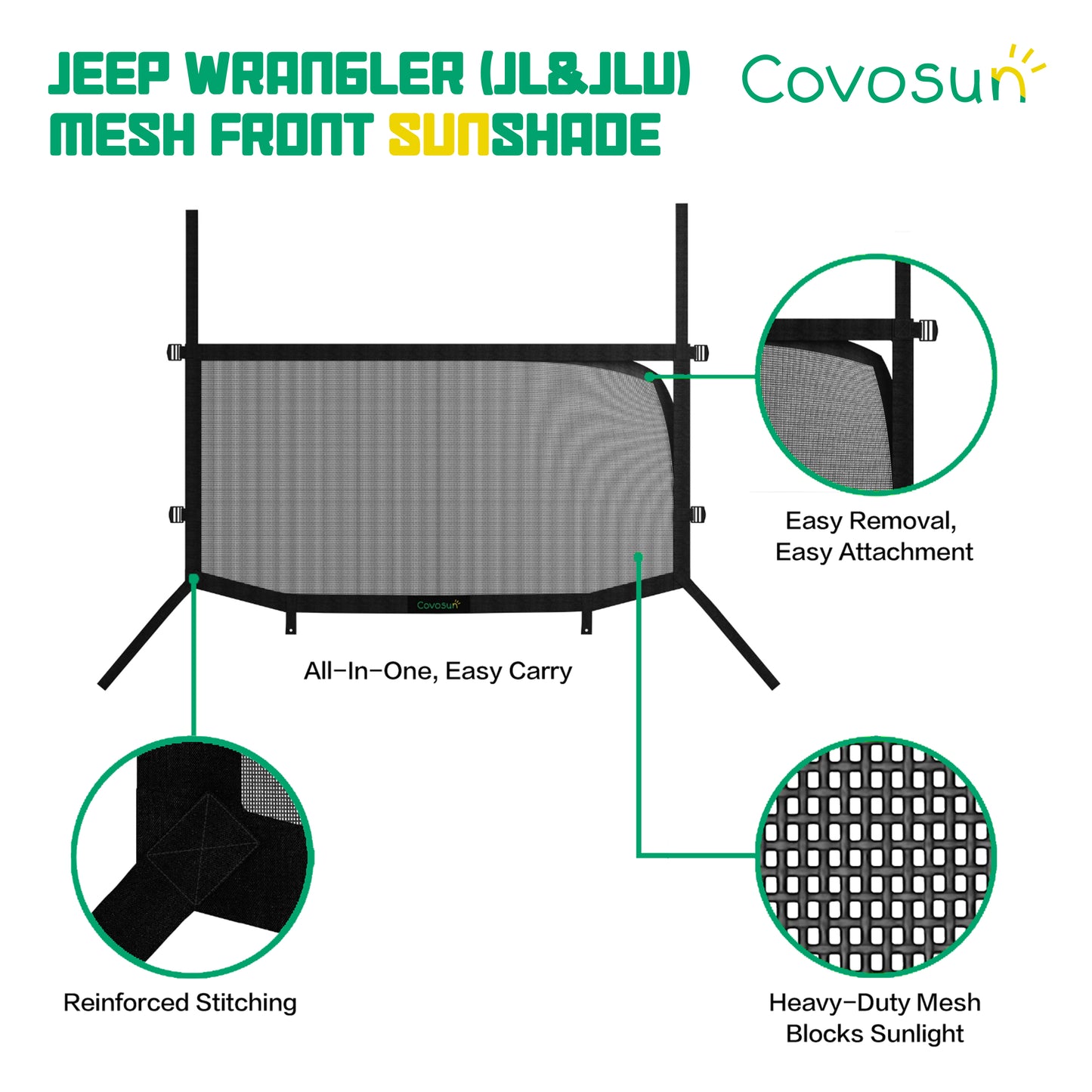 Covosun Sunshade Jeep Wrangler JL&JLU(2018-Current) 2 Door and 4 Door Front, 2023 Convenient & Custom Mesh Soft Top for Jeep JL Sport, Sport S, Sahara, Rubicon