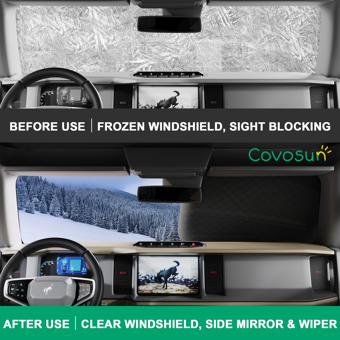 Covosun Ford Bronco Windshield Cover for Snow and Ice, Side Mirrors and Wiper Protection, Premium Waterproof Windshield Cover for Ford Bronco 2021-2024, 2 Door and 4 Door