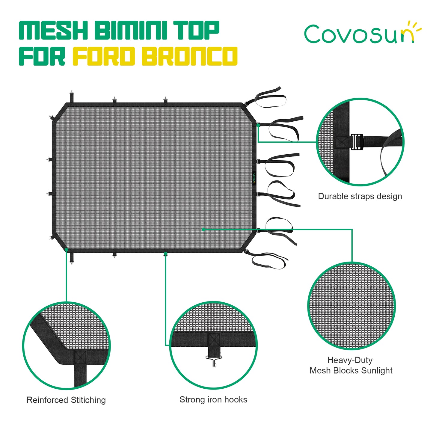 Covosun Bimini Top Sunshade for Ford Bronco, Mesh Bikini Top Sun Shade for Bronco 4 Door Accessories(2021-2024), Heavy Duty Straps and Hooks, Blocks UV/Wind/Dust