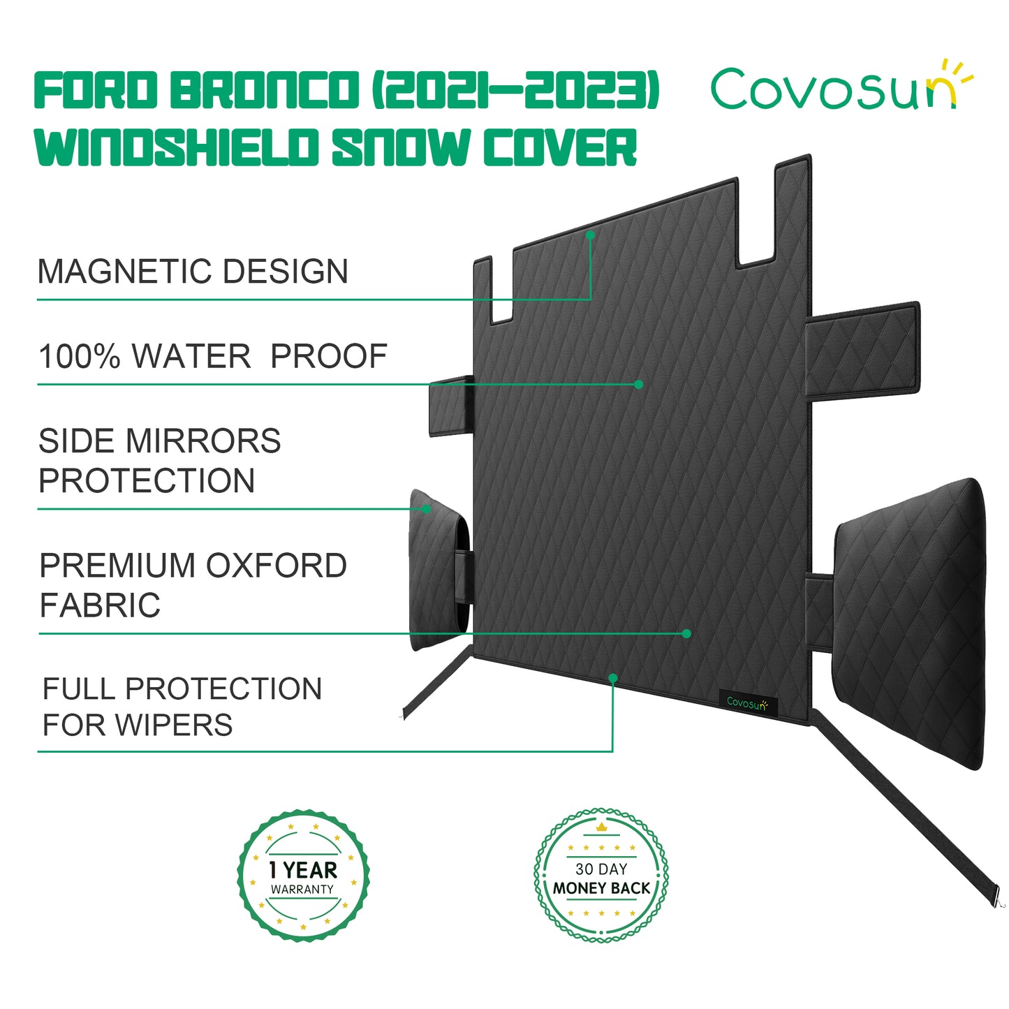 Covosun Ford Bronco Windshield Cover for Snow and Ice, Side Mirrors and Wiper Protection, Premium Waterproof Windshield Cover for Ford Bronco 2021-2024, 2 Door and 4 Door