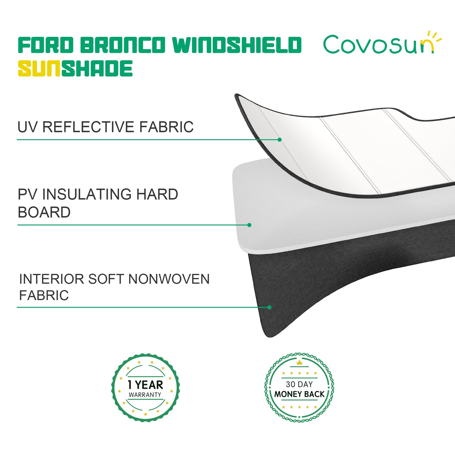 Covosun Ford Bronco Windshield Sunshade, Premium Folding Sunshade for Ford Bronco(2021-2024)