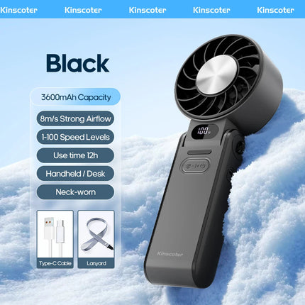 Foldable Ice-Cool Fan - 3600mAh for 6H, 100 Speeds + Lanyard.